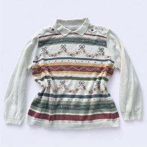 Alfred Dunner vintage 90s cream & multi-colored sweater w bow & floral details